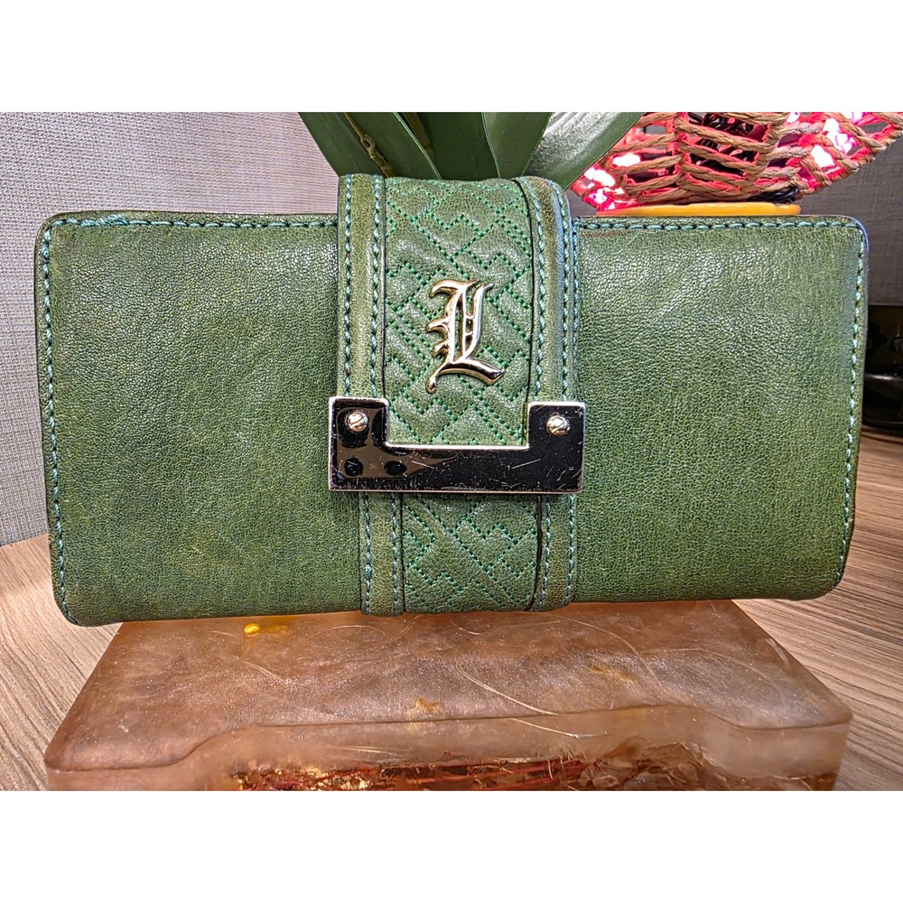 L.A.M.B. Gwen Stefani Vintage Leather Wallet Clutch Green Embossed Logo Stripe